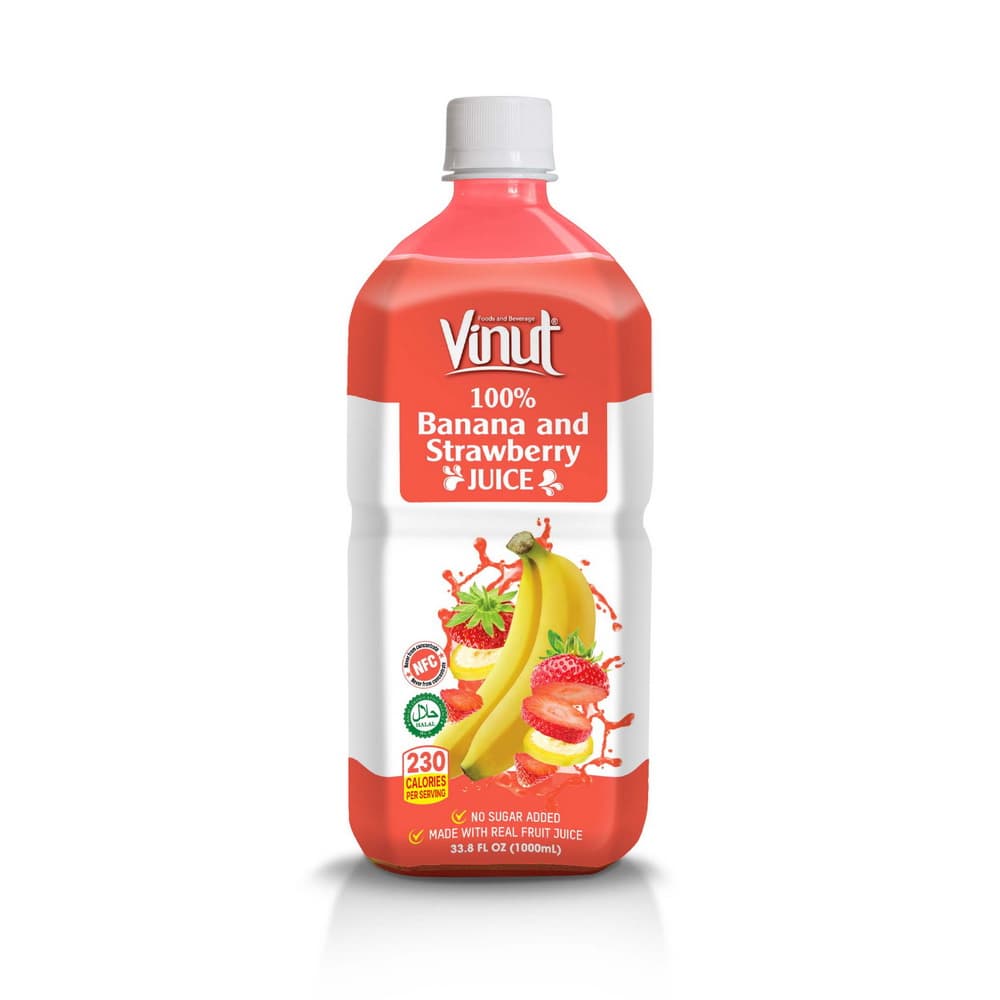 VINUT 100% banānu un zemeņu sula, NFC, bez pievienota cukura, PET pudele, 33.8 fl oz 1000 mL