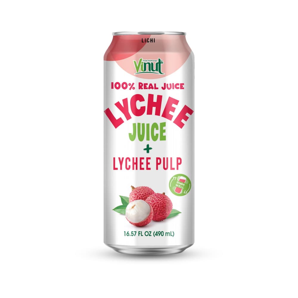 VINUT 100% dabīga līčiju sula + līčiju mīkstums, šaurā skārdenē, 16.57 fl oz 490 mL