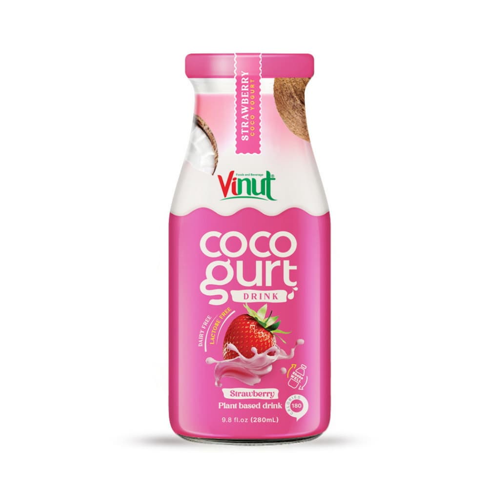 VINUT Cocogurt zemeņu dzēriens, augu valsts dzēriens, stikla pudele, 9.8 fl oz 280 mL