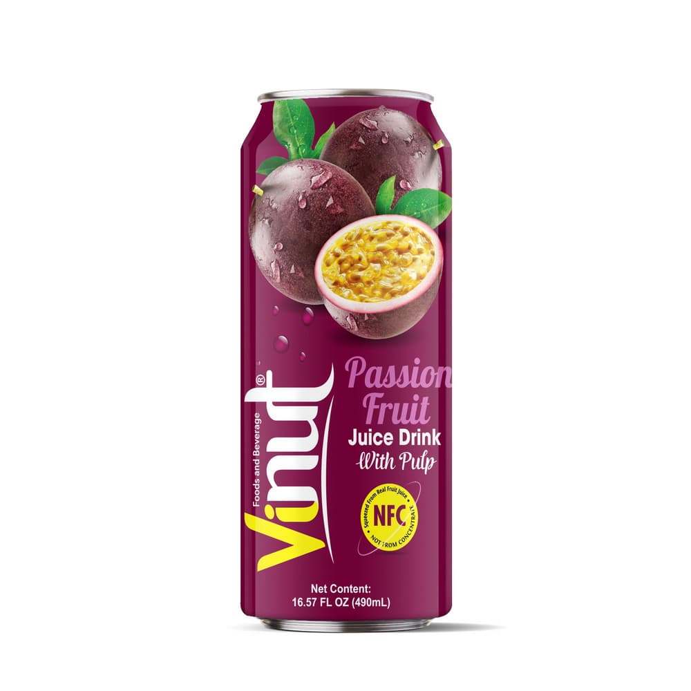 Vinut Passion Fruit Juice Drink with Pulp, NFC, Slim Can, 16.57 fl oz 490 mL