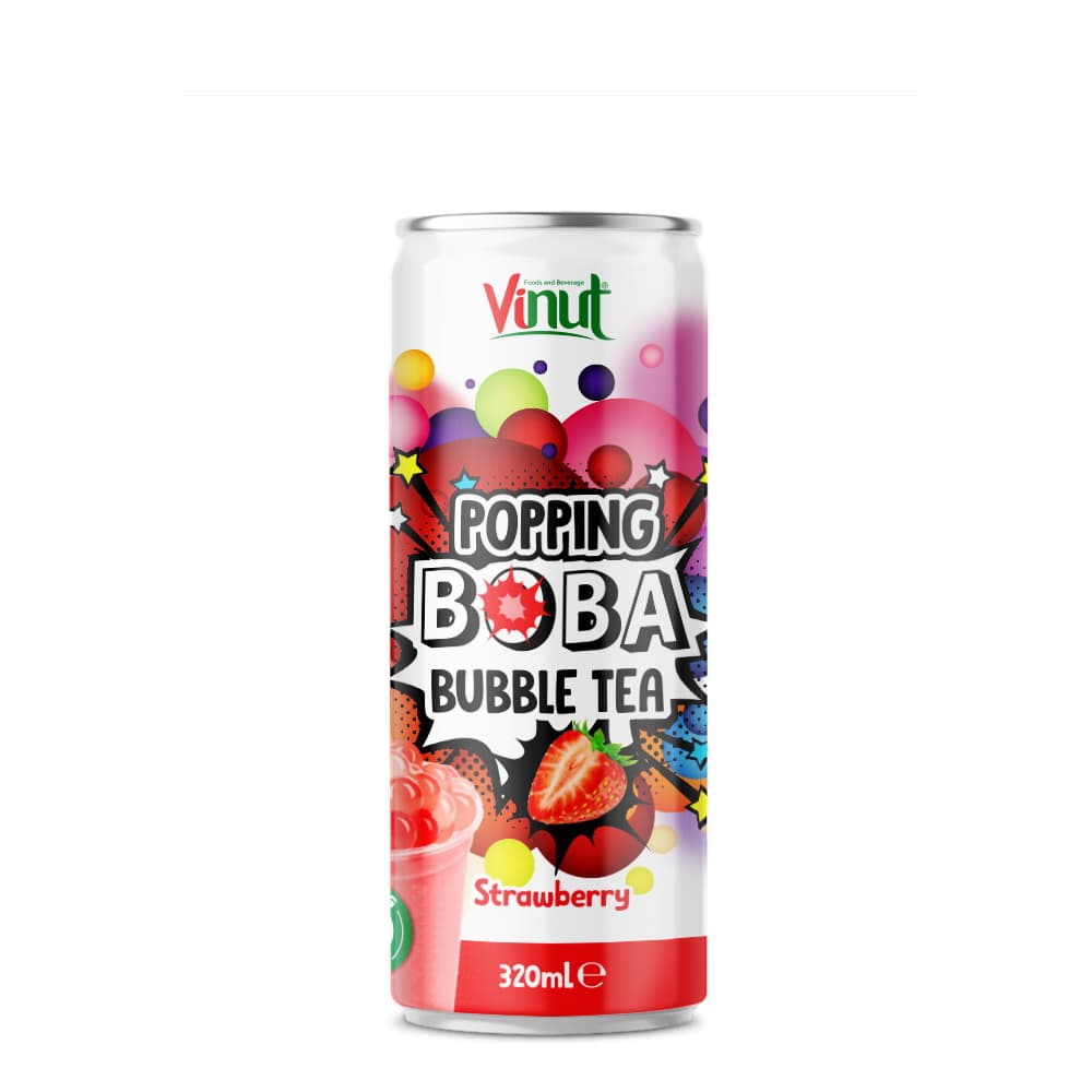 Vinut Strawberry Popping Boba Bubble Tea, Slim Can, (320 mL)